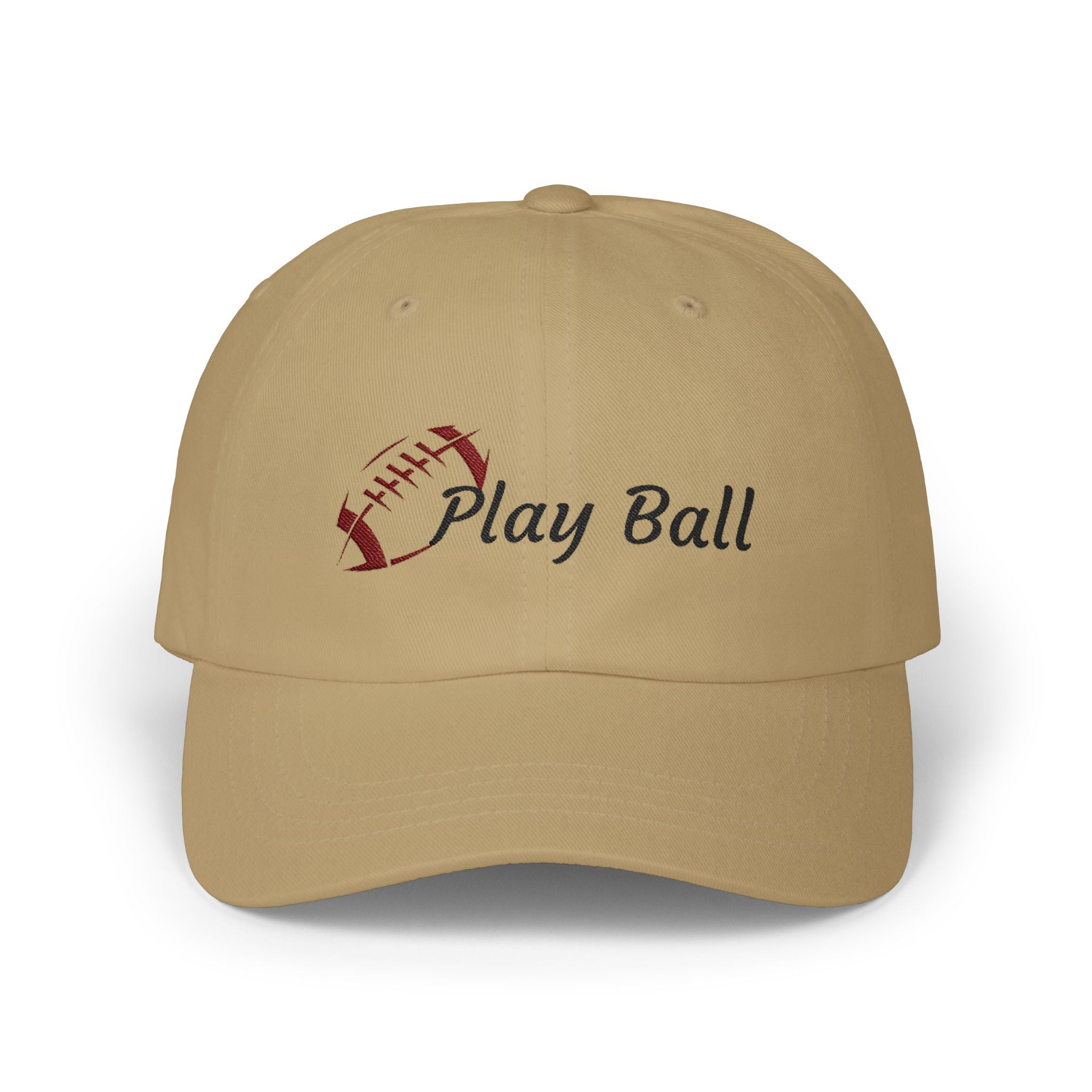 Khaki embroidered classic dad cap hat with Play Ball text and football graphic Front view