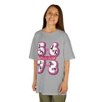 Young girl wearing a Gildan 5000B heavy cotton t-shirt in sport grey with a 5678 Dance text and graphic
