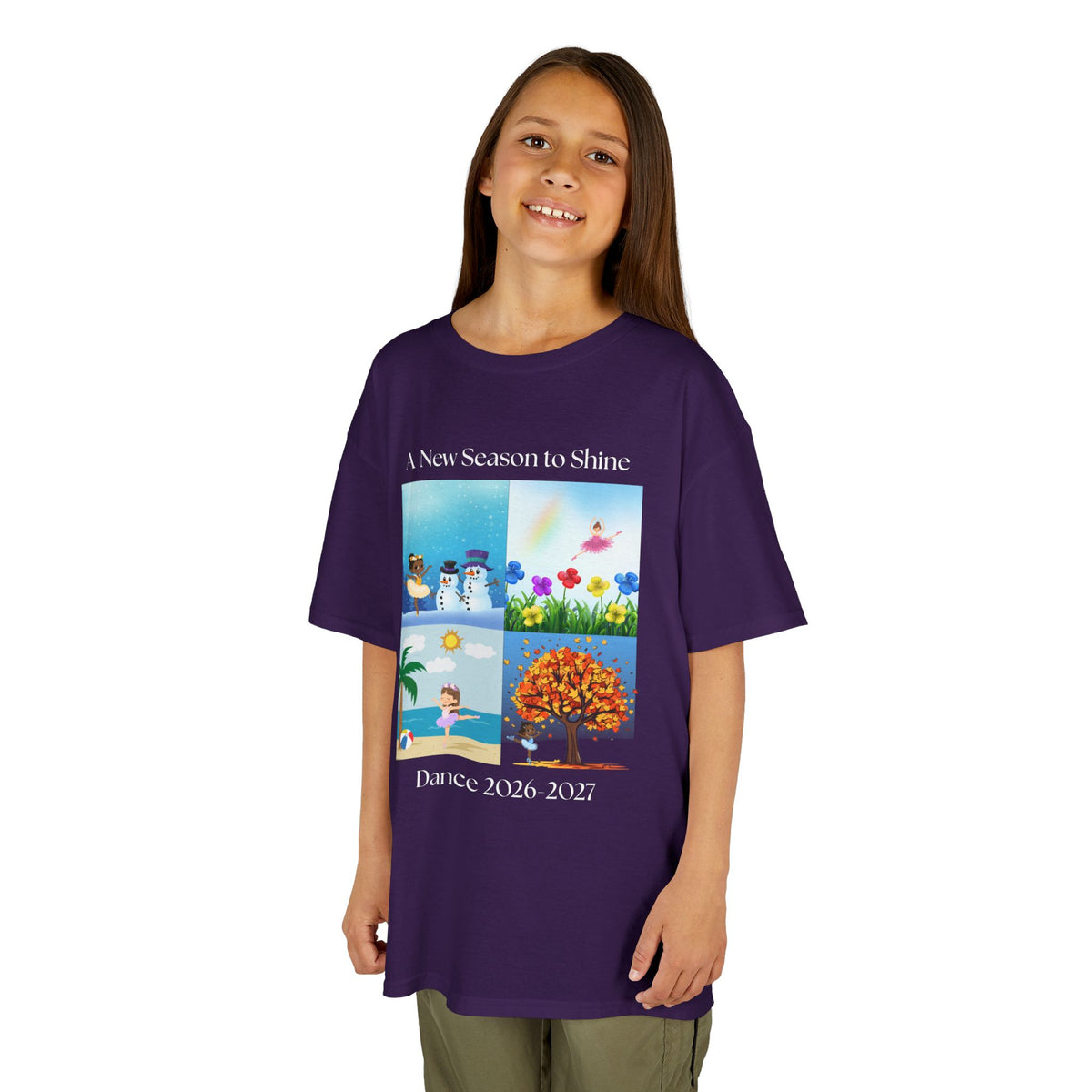 Young girl wearing a youth Gildan 5000B heavy cotton t-shirt in purple with an A New Season to Shine Dance 2026-2027 theme