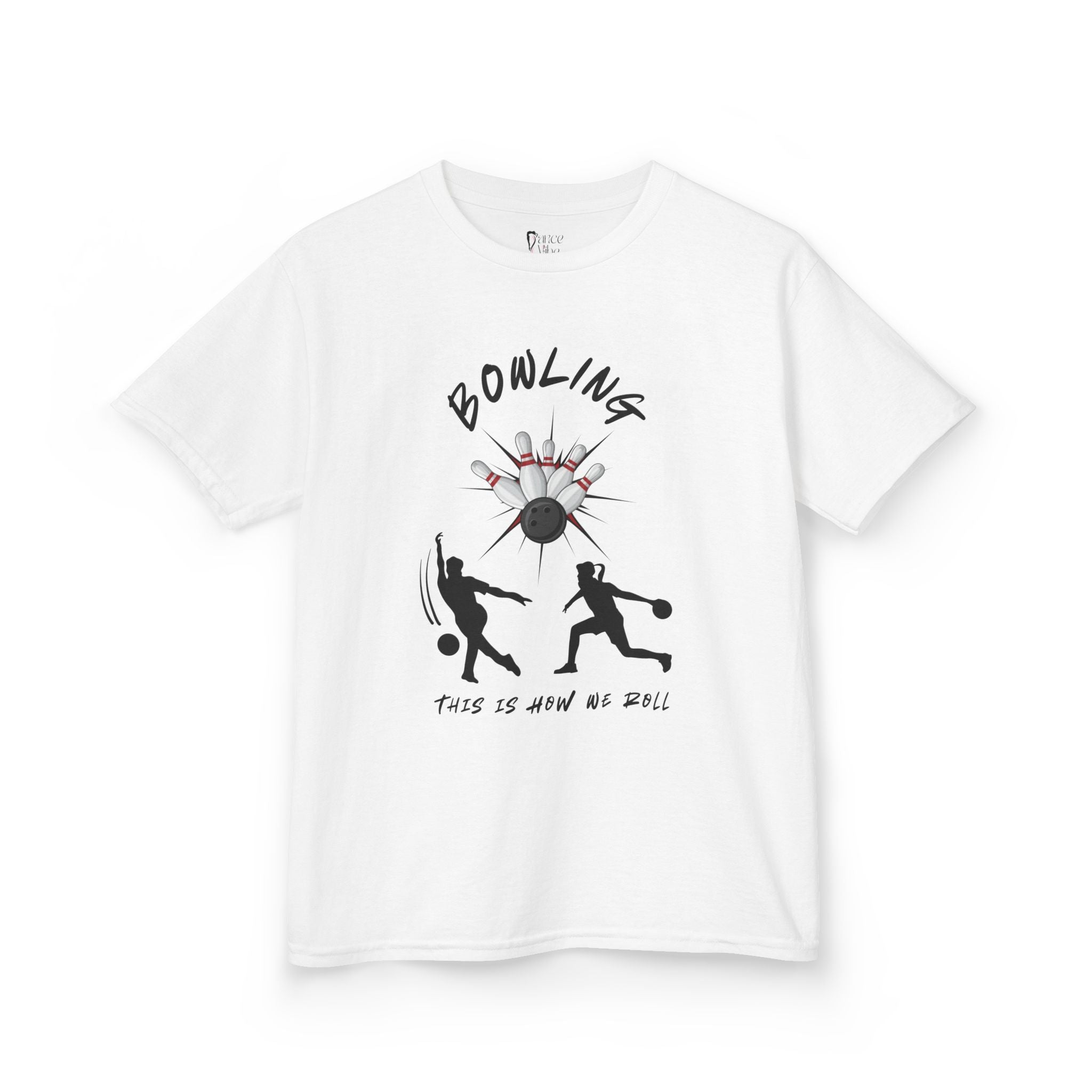 Front view of youth Gildan 5000B heavy cotton t-shirt in white with a Bowling text and graphic
