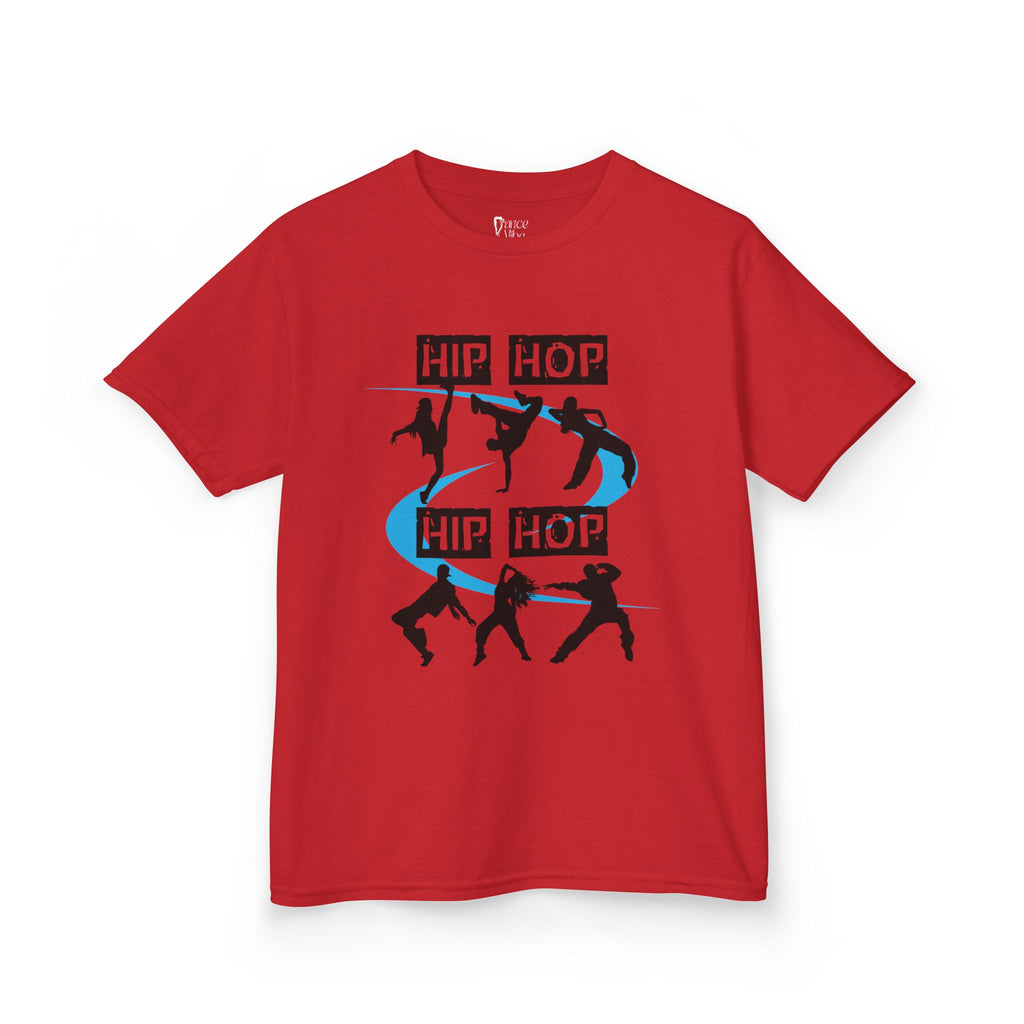 Front view of a youth Gildan 5000B heavy cotton t-shirt in red with a Hip Hop text and dancers