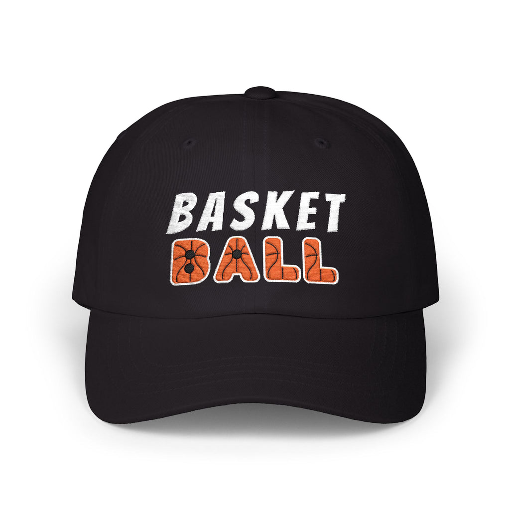 A black baseball cap featuring BASKET BALL embroidered on the front, with BASKET in white and BALL in orange. 