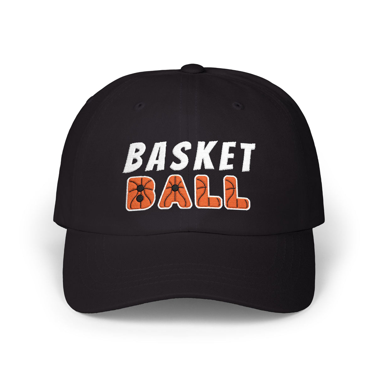 A black baseball cap featuring BASKET BALL embroidered on the front, with BASKET in white and BALL in orange. 