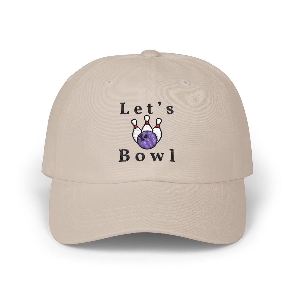 Stone embroidered classic dad cap hat with Let's Bowl text and graphic Front view