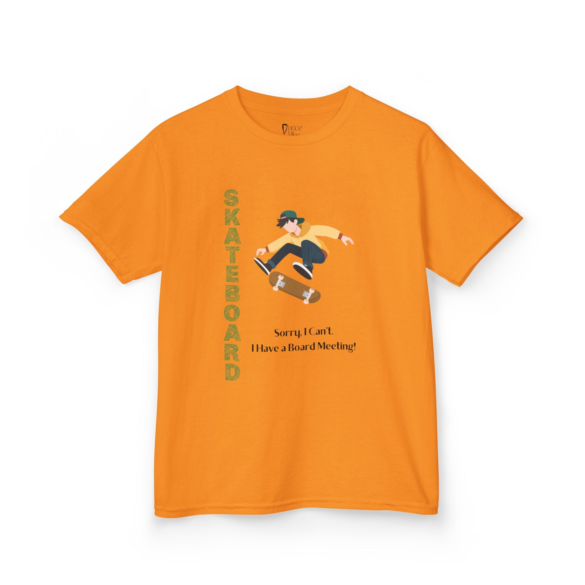 Front view of a youth Gildan 5000B heavy cotton t-shirt in tennessee orange featuring a boy Skateboarding