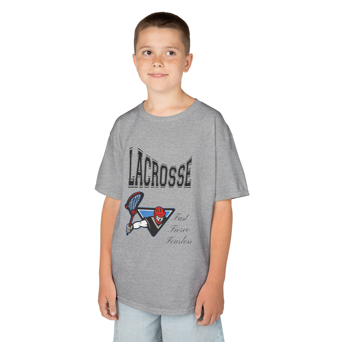 Young boy wearing a youth Gildan 5000B heavy cotton t-shirt in sport grey with a Boys Lacrosse design