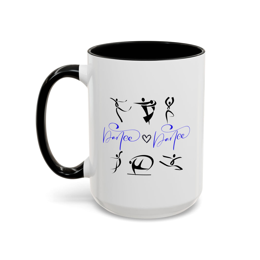 15oz white ceramic Dance Silhouette mug with black handle and interior Left handed view
