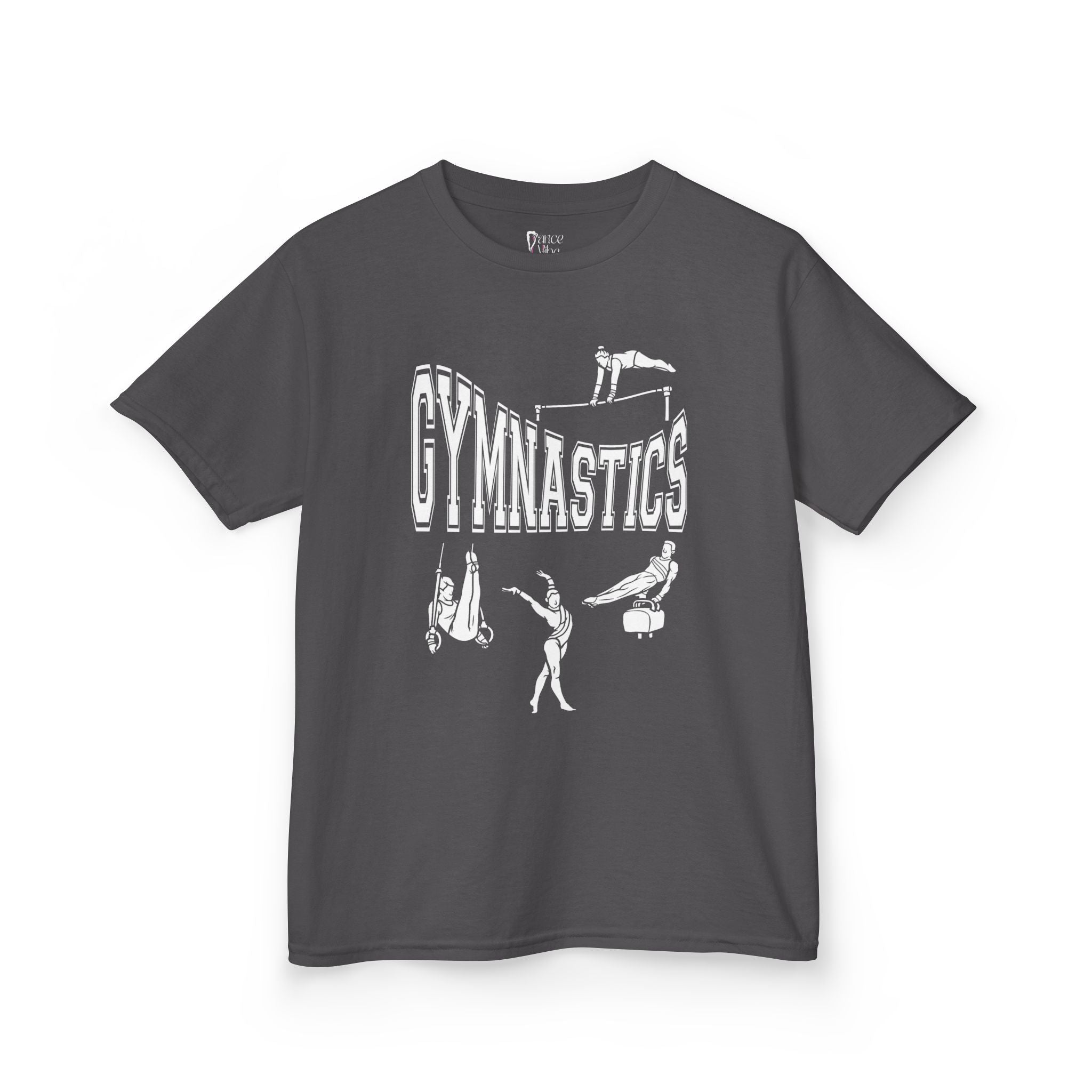 Front view of a youth Gildan 5000B heavy cotton t-shirt in charcoal with a gymnastics text and graphic