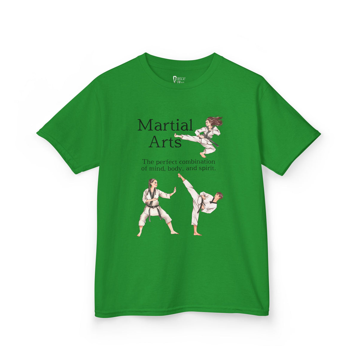 Front view of a youth Gildan 5000B heavy cotton t-shirt in irish green with a Martial Arts text and graphic