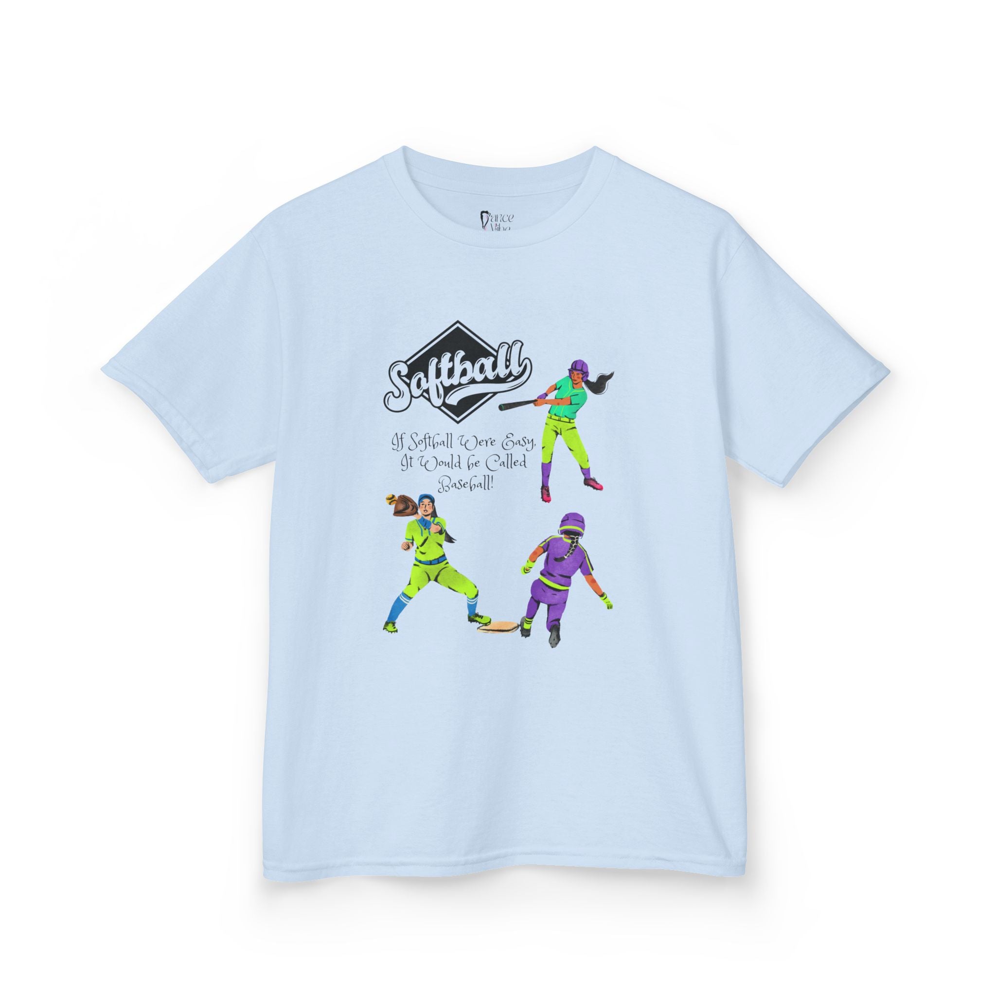 Front view of a youth Gildan 5000B heavy cotton t-shirt in light blue with a Softball text and graphic