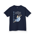 Front view of a youth Gildan 5000B heavy cotton t-shirt in navy with a Ballet text and graphic