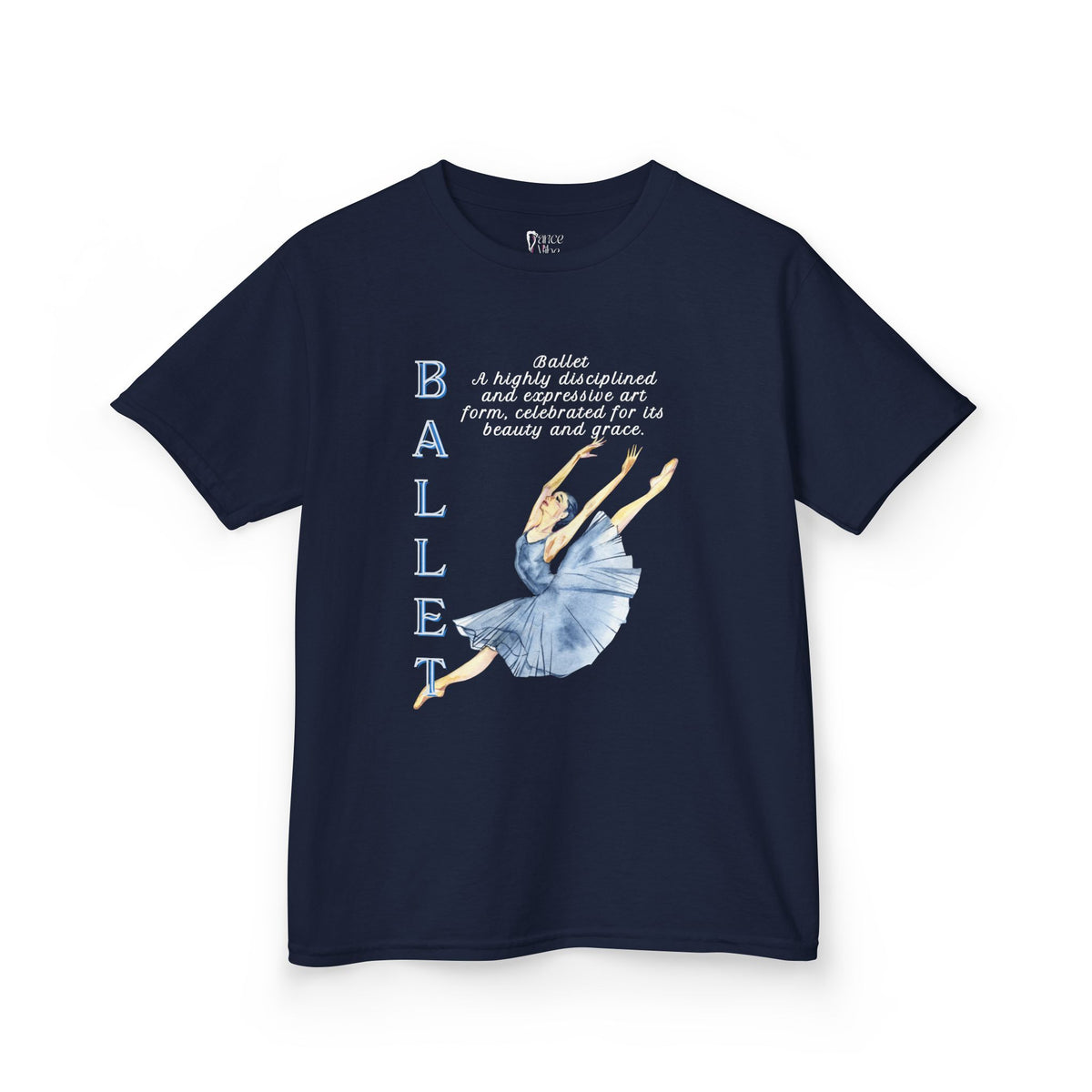 Front view of a youth Gildan 5000B heavy cotton t-shirt in navy with a Ballet text and graphic