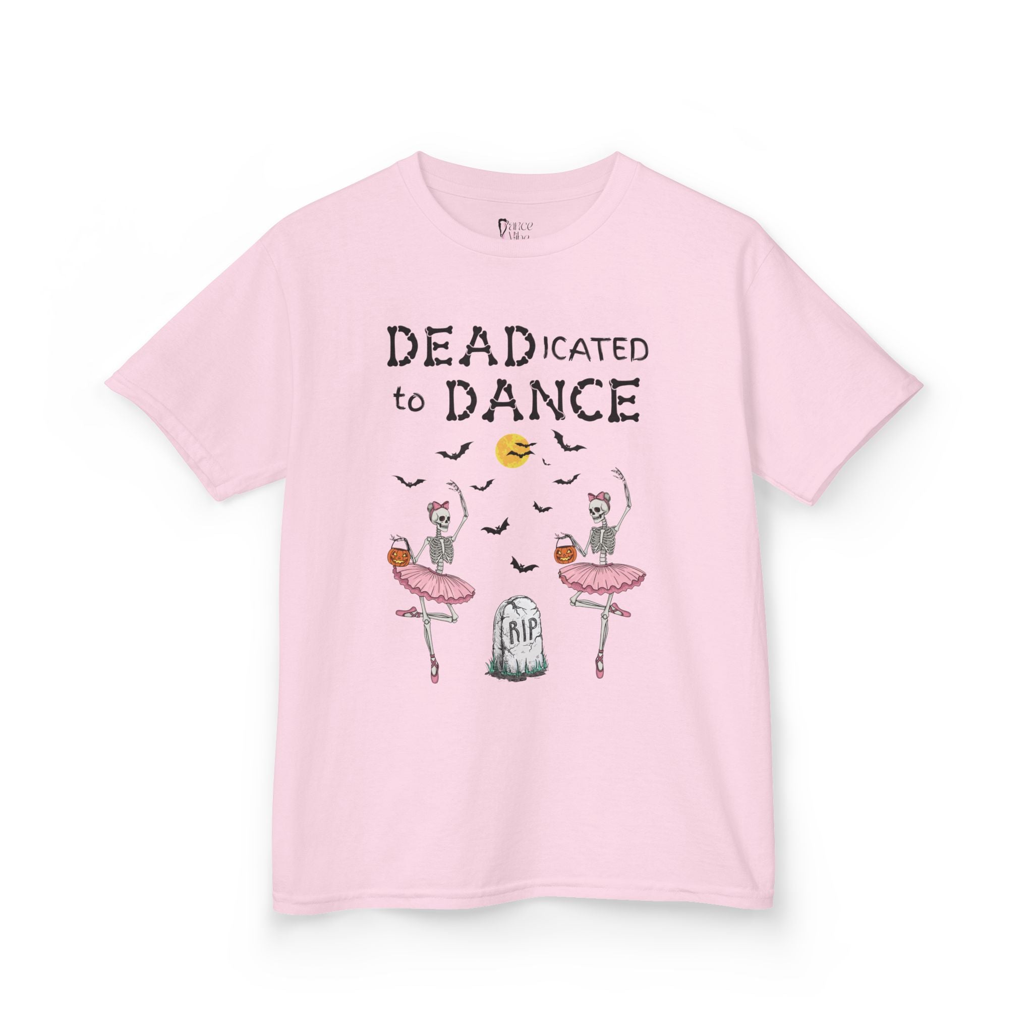 Front view of a youth Gildan 5000B heavy cotton t-shirt in light pink with a Deadicated to Dance Halloween theme