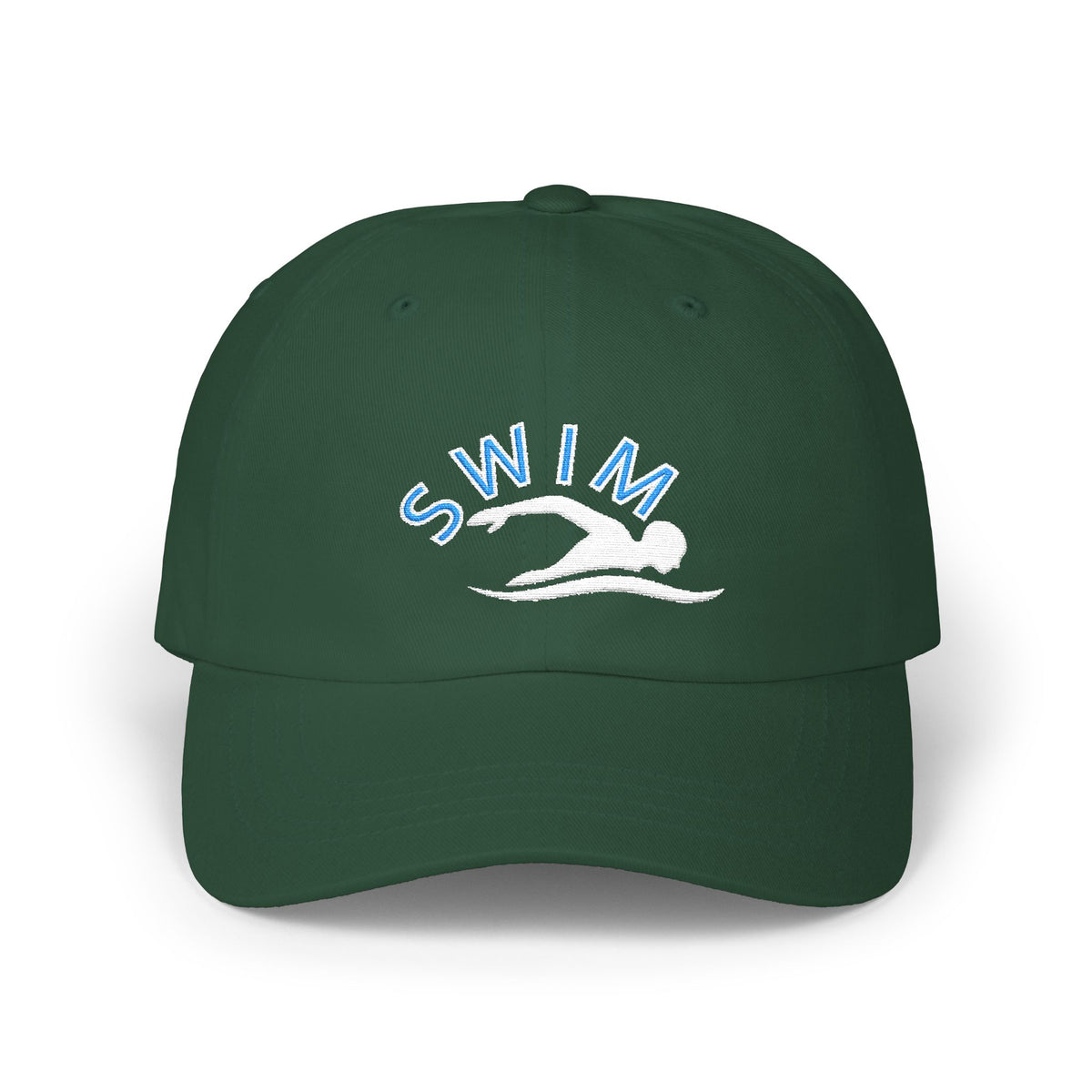 A spruce baseball cap featuring an embroidered design on the front with the word SWIM in light blue and a white silhouette of a swimmer.