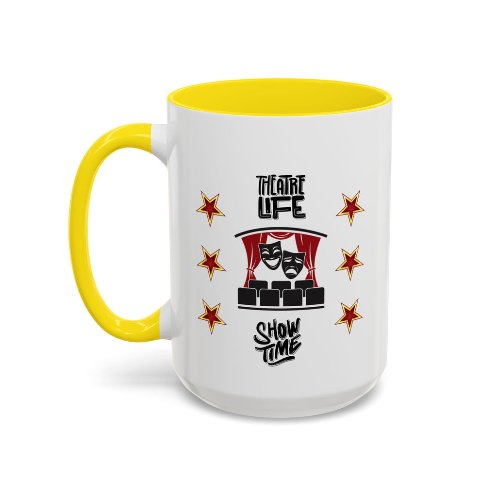 15oz white ceramic Theatre Showtime mug with yellow handle and interior Left handed view