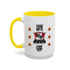 15oz white ceramic Theatre Showtime mug with yellow handle and interior Left handed view