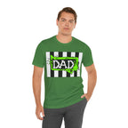 Man wearing a Beetlejuice inspired Halloween DAD shirt in leaf green.