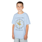 Young boy wearing a youth Gildan 5000B heavy cotton t-shirt in light blue with an It's My Time to Shine Breakdance 2026-2027 theme
