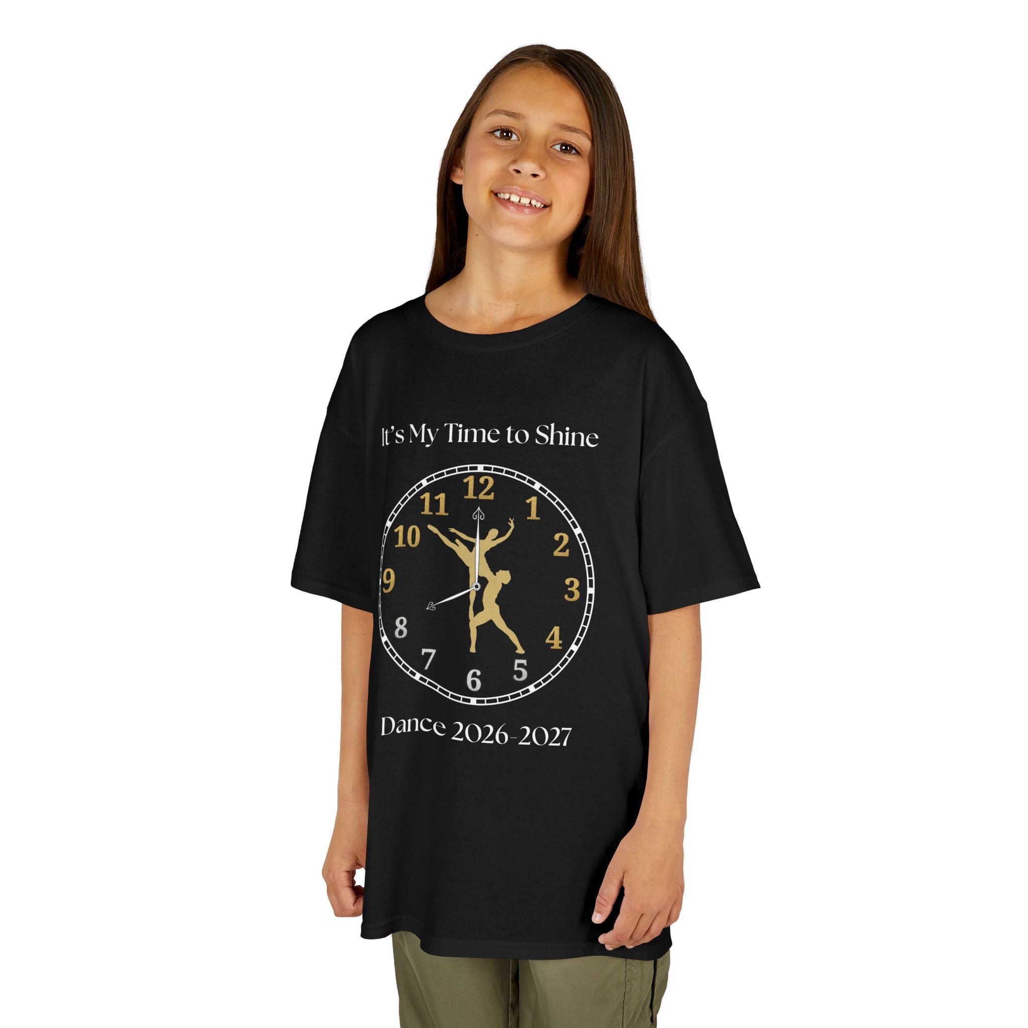 Young girl wearing a youth Gildan 5000B heavy cotton t-shirt in black with a Ballet Couple 2026-2027 design