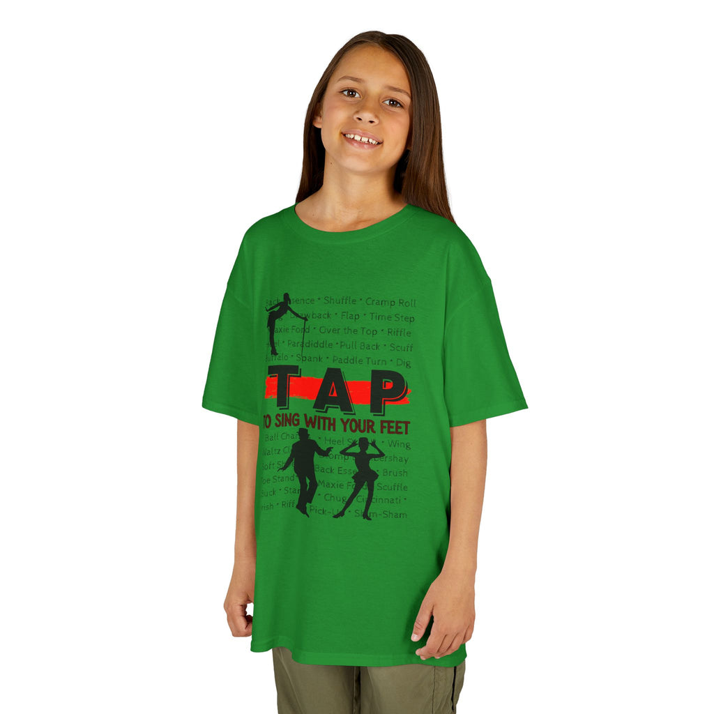 Young girl wearing a youth Gildan 5000B heavy cotton t-shirt in irish green with a Tap text and design