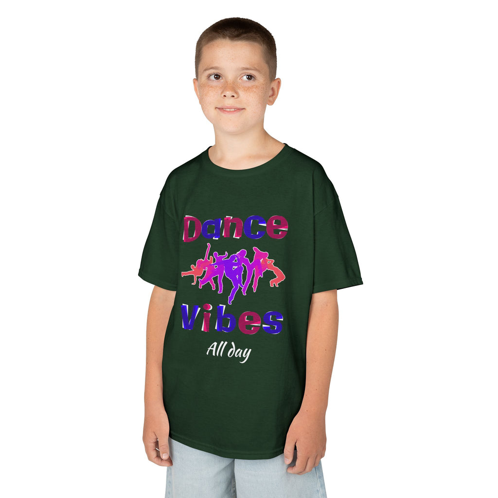 Young boy wearing a youth Gildan 5000B heavy cotton t-shirt in forest green with a Dance Vibes All Day text and graphic