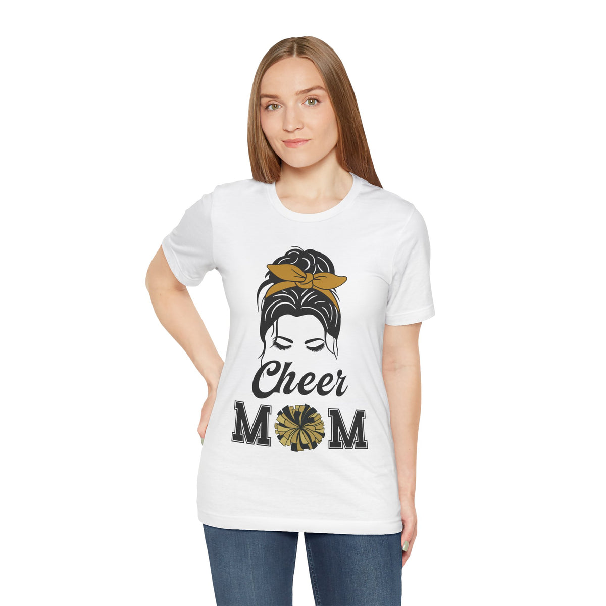 Woman wearing a white short-sleeve crewneck t-shirt featuring a Cheer Mom silhouette graphic print with text.
