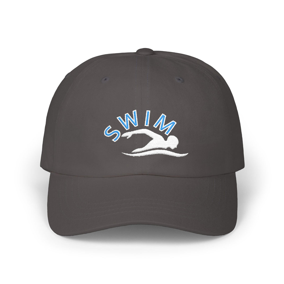 A dark grey baseball cap featuring an embroidered design on the front with the word SWIM in light blue and a white silhouette of a swimmer.