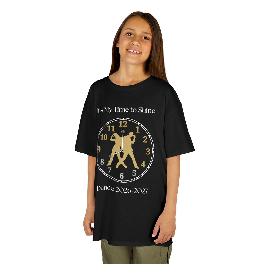 Young girl wearing a youth Gildan 5000B heavy cotton t-shirt in black with an It's My Time to Shine Hip Hop 2026-2027 theme