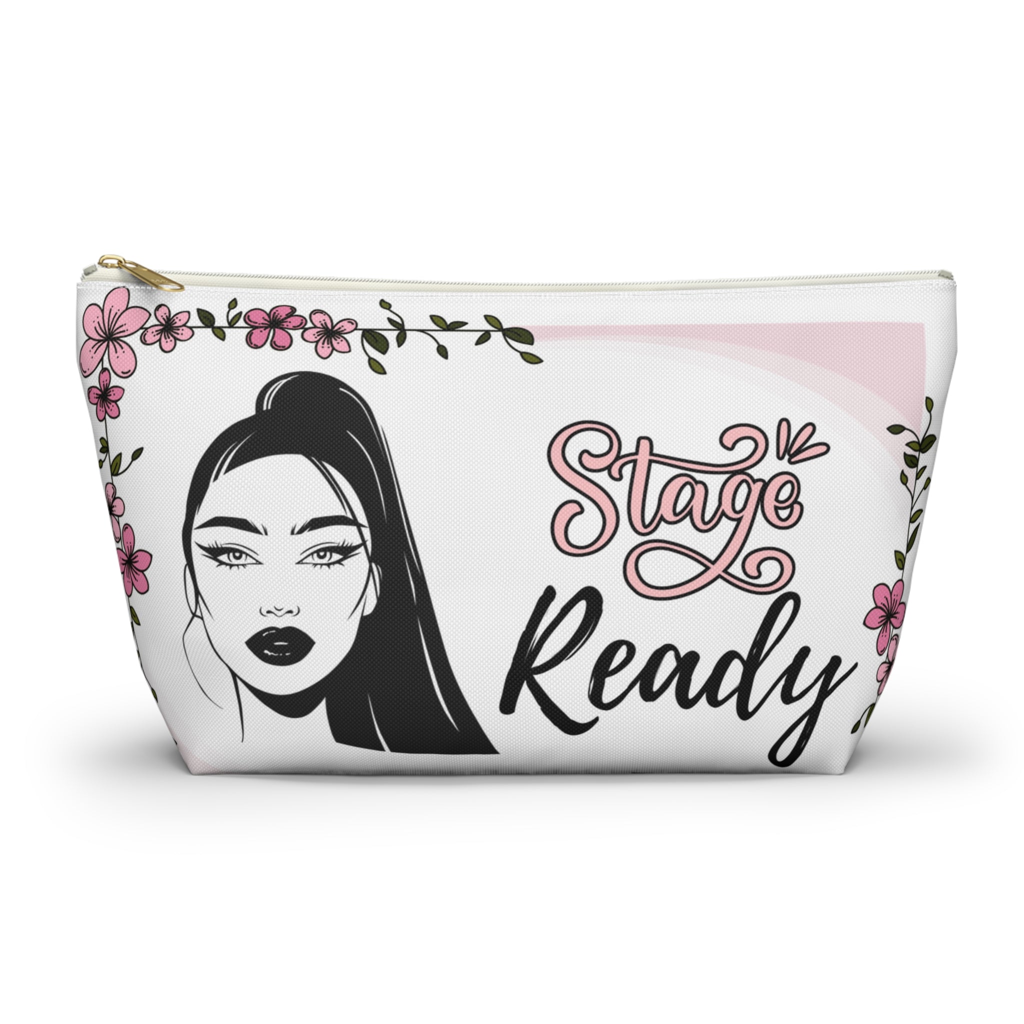 Makeup bag with a face design and 'Stage Ready' text on a white background white zipper