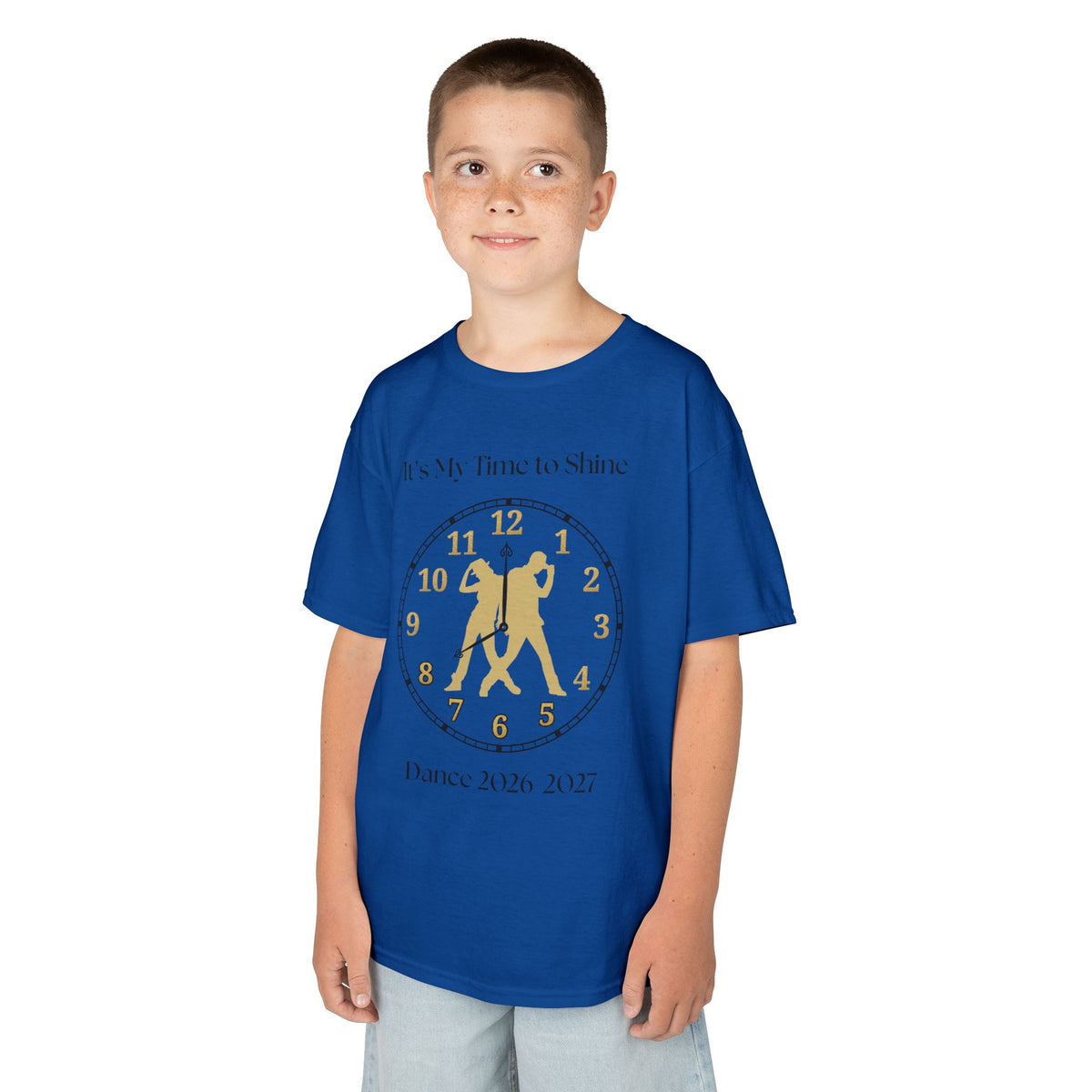 Young boy wearing a youth Gildan 5000B heavy cotton t-shirt in royal with an It's My Time to Shine Hip Hop 2026-2027 theme
