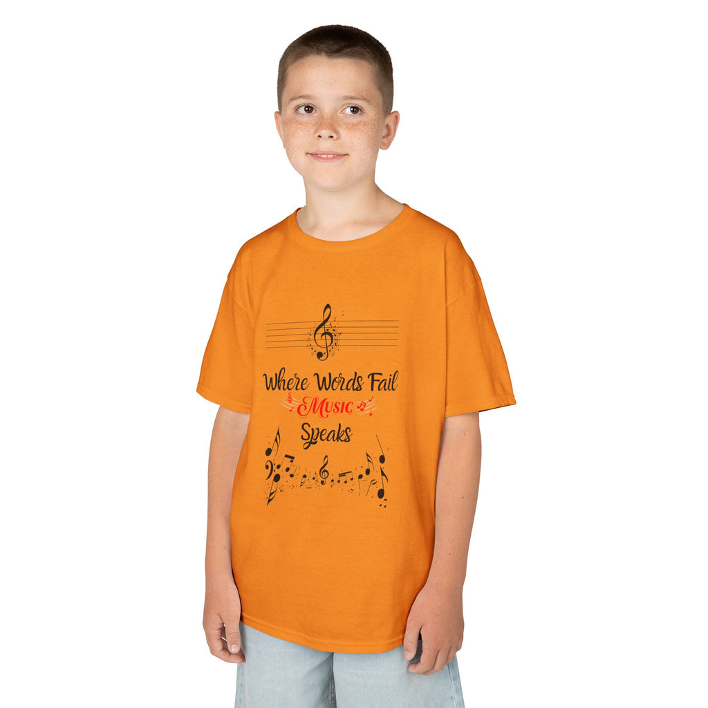 Young boy wearing a youth Gildan 5000B heavy cotton t-shirt in tennessee orange with a Where Words Fail Music Speaks text and graphic