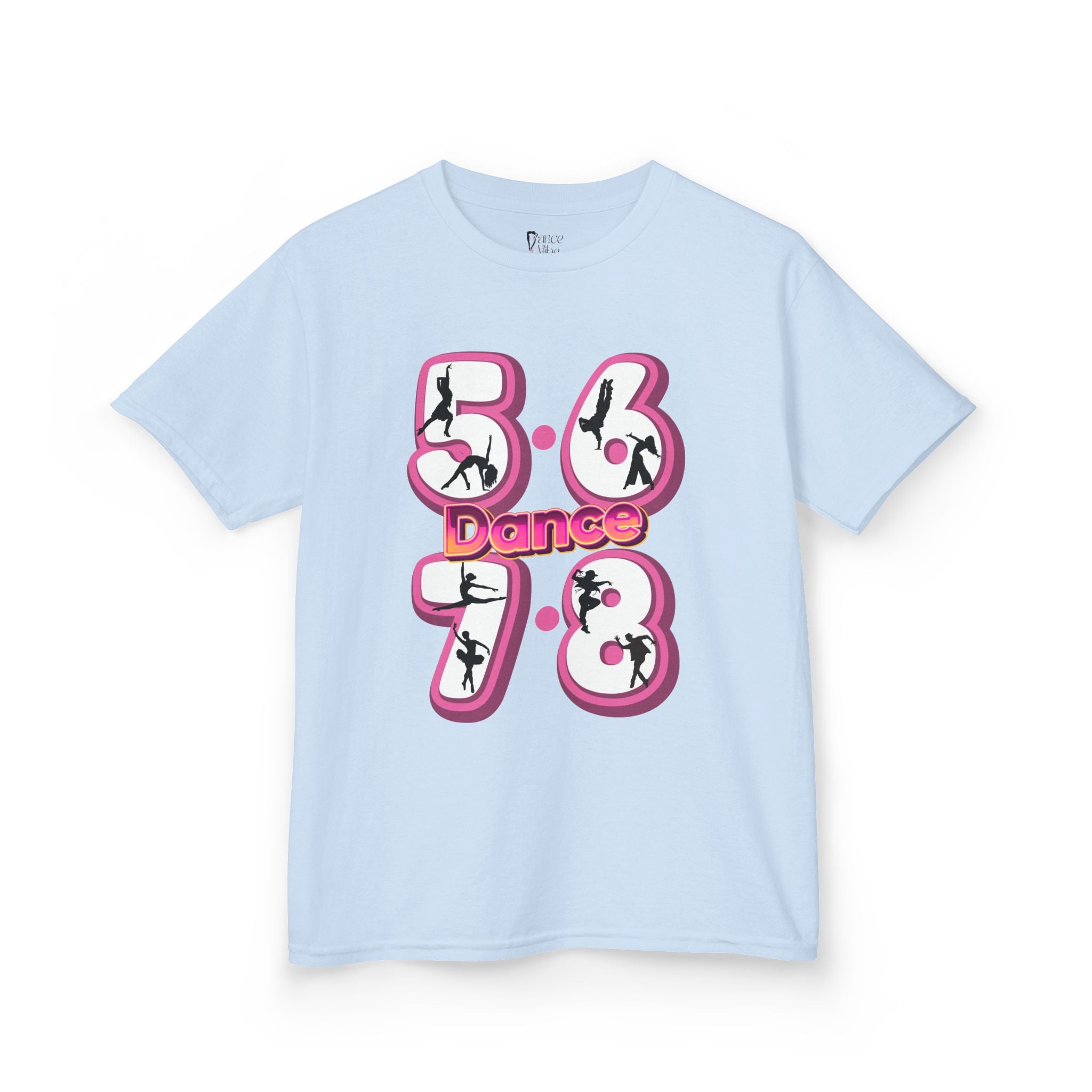 Front view of a youth Gildan 5000B heavy cotton t-shirt in light blue with a 5678 Dance text and graphic