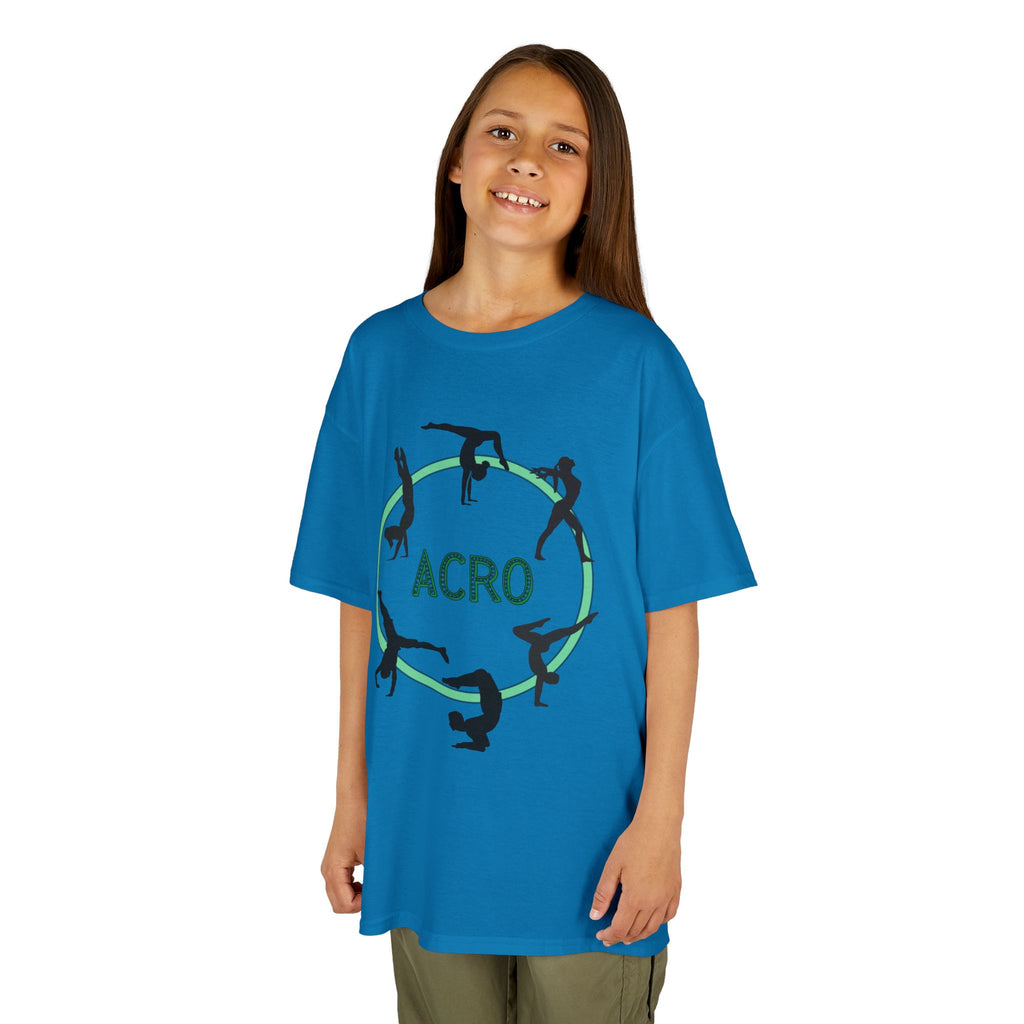 Young girl wearing a youth Gildan 5000B heavy cotton t-shirt in sapphire with an Acro Gymnastics theme