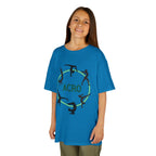Young girl wearing a youth Gildan 5000B heavy cotton t-shirt in sapphire with an Acro Gymnastics theme