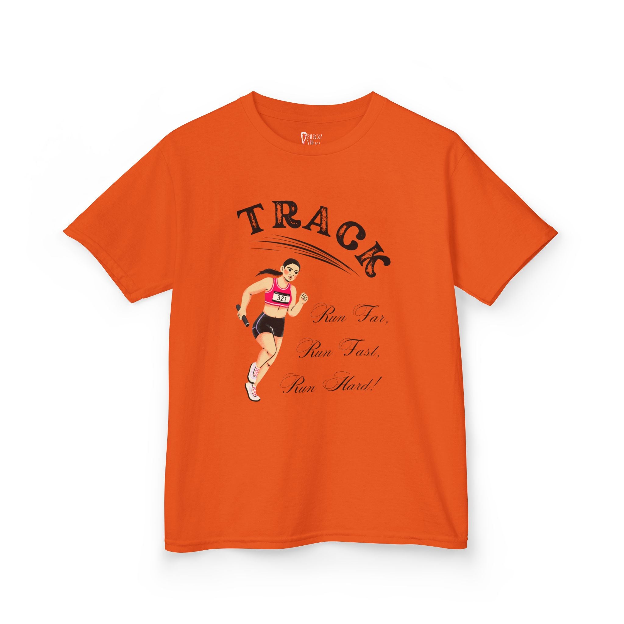 Front view of a youth Gildan 5000B heavy cotton t-shirt in orange showing a girl running Track