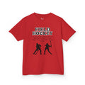 Front view of a youth Gildan 5000B heavy cotton t-shirt in red with a Field Hockey text and graphic