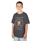 Young boy wearing a youth Gildan 5000B heavy cotton t-shirt in charcoal with an It's My Time to Shine Hip Hop 2026-2027 theme