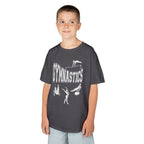 Young boy wearing a youth Gildan 5000B heavy cotton t-shirt in charcoal with a gymnastics text and graphic