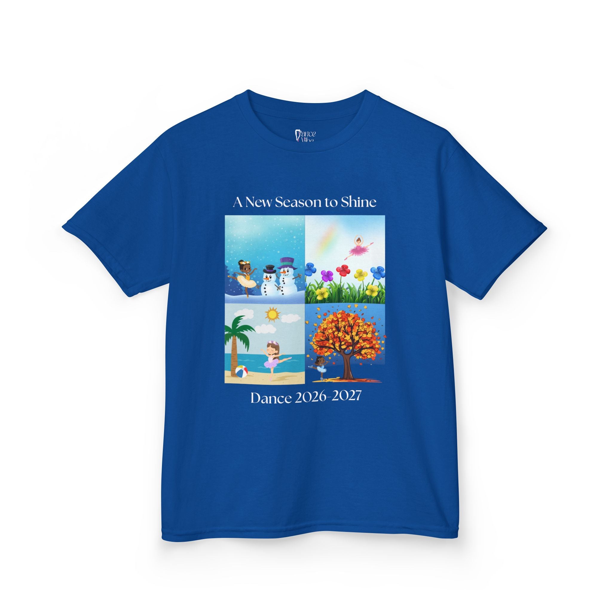 Front view of a youth Gildan 5000B heavy cotton t-shirt in royal with an A New Season to Shine Dance 2026-2027 theme
