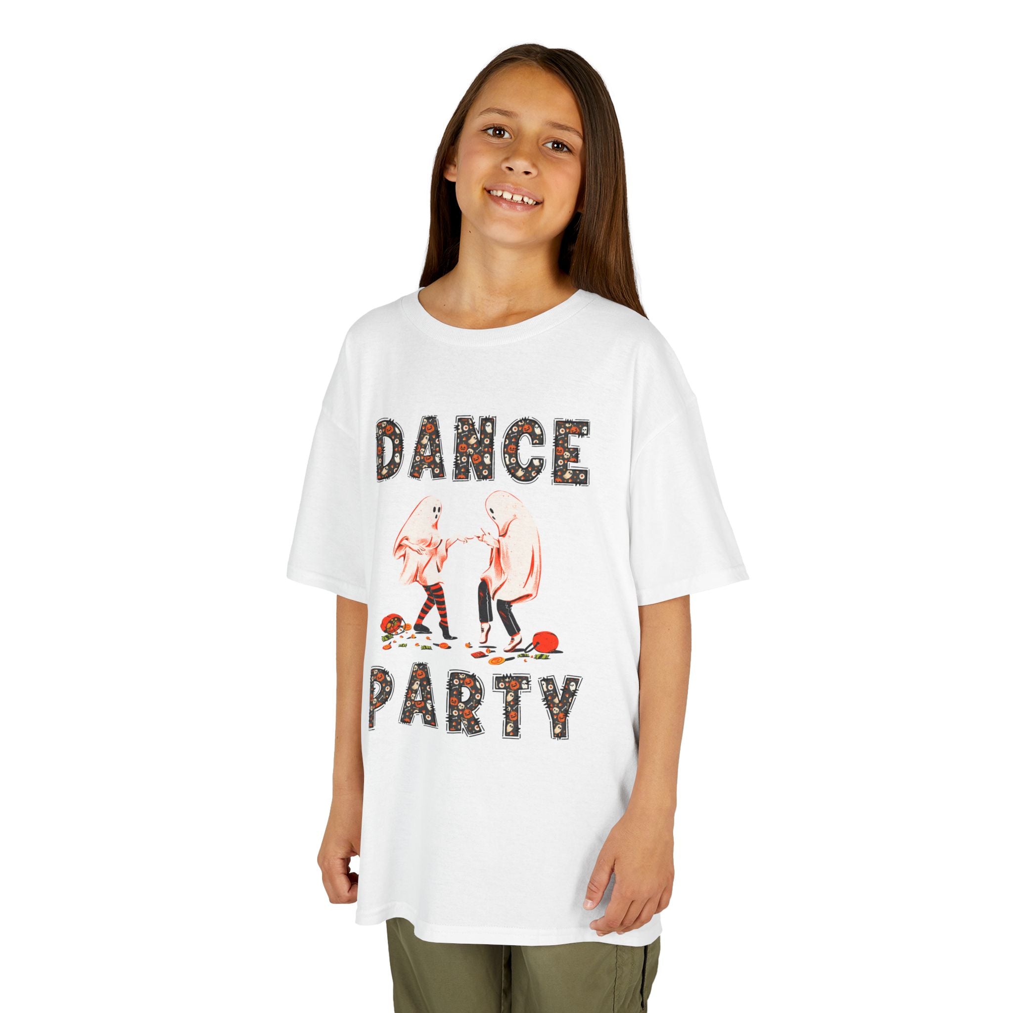 Young girl wearing a youth Gildan 5000B heavy cotton t-shirt in whitel with a Halloween Dance Party theme