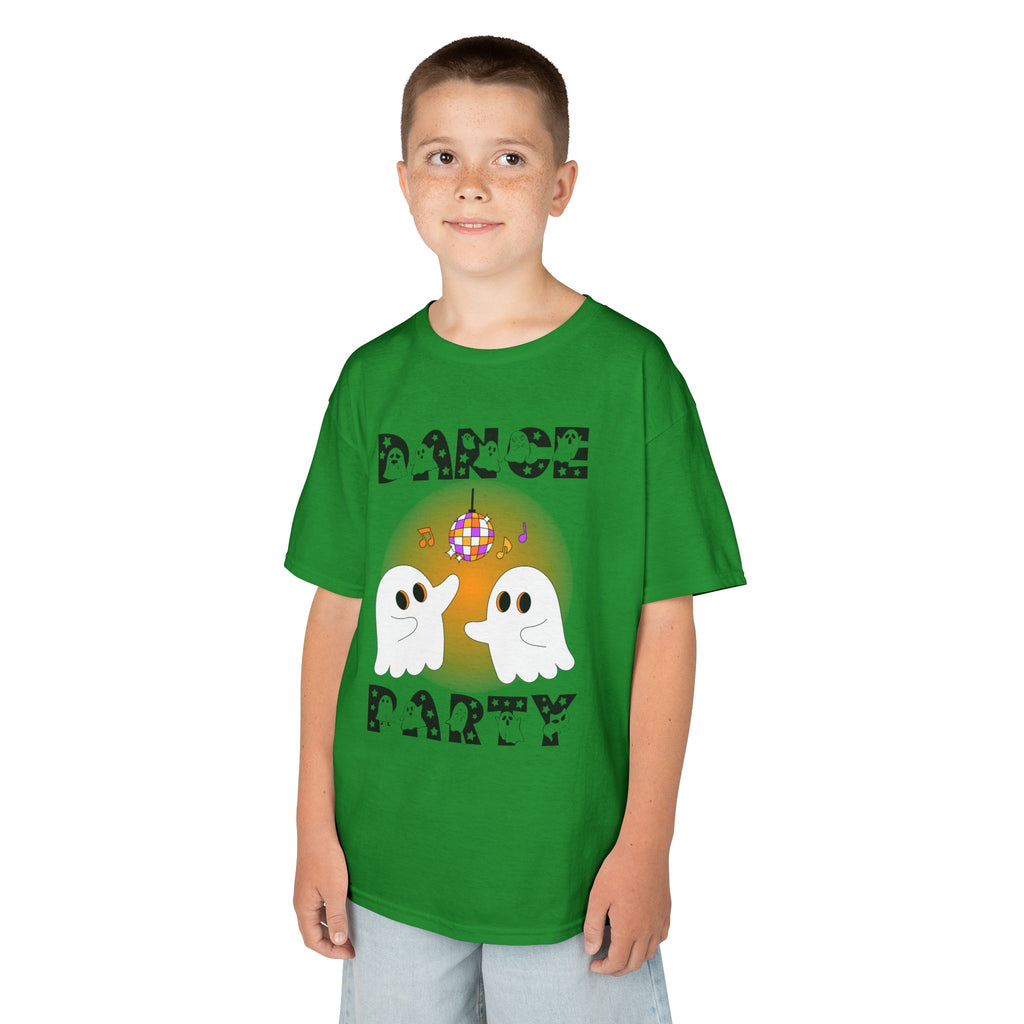 Young boy wearing a youth Gildan 5000B heavy cotton t-shirt in irish green with a Halloween Dance Party theme