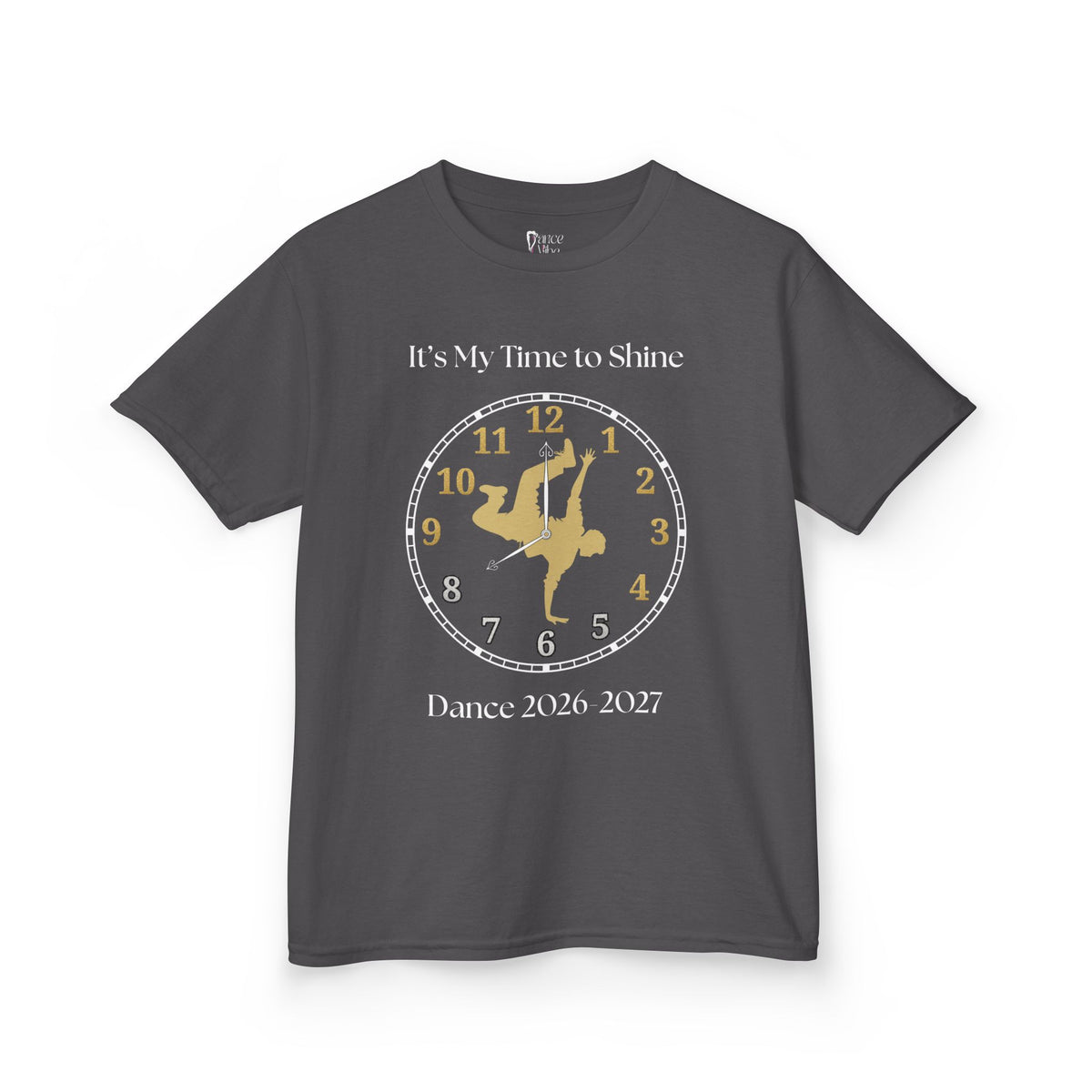Front view of a youth Gildan 5000B heavy cotton t-shirt in charcoal with an It's My Time to Shine Breakdance 2026-2027 theme