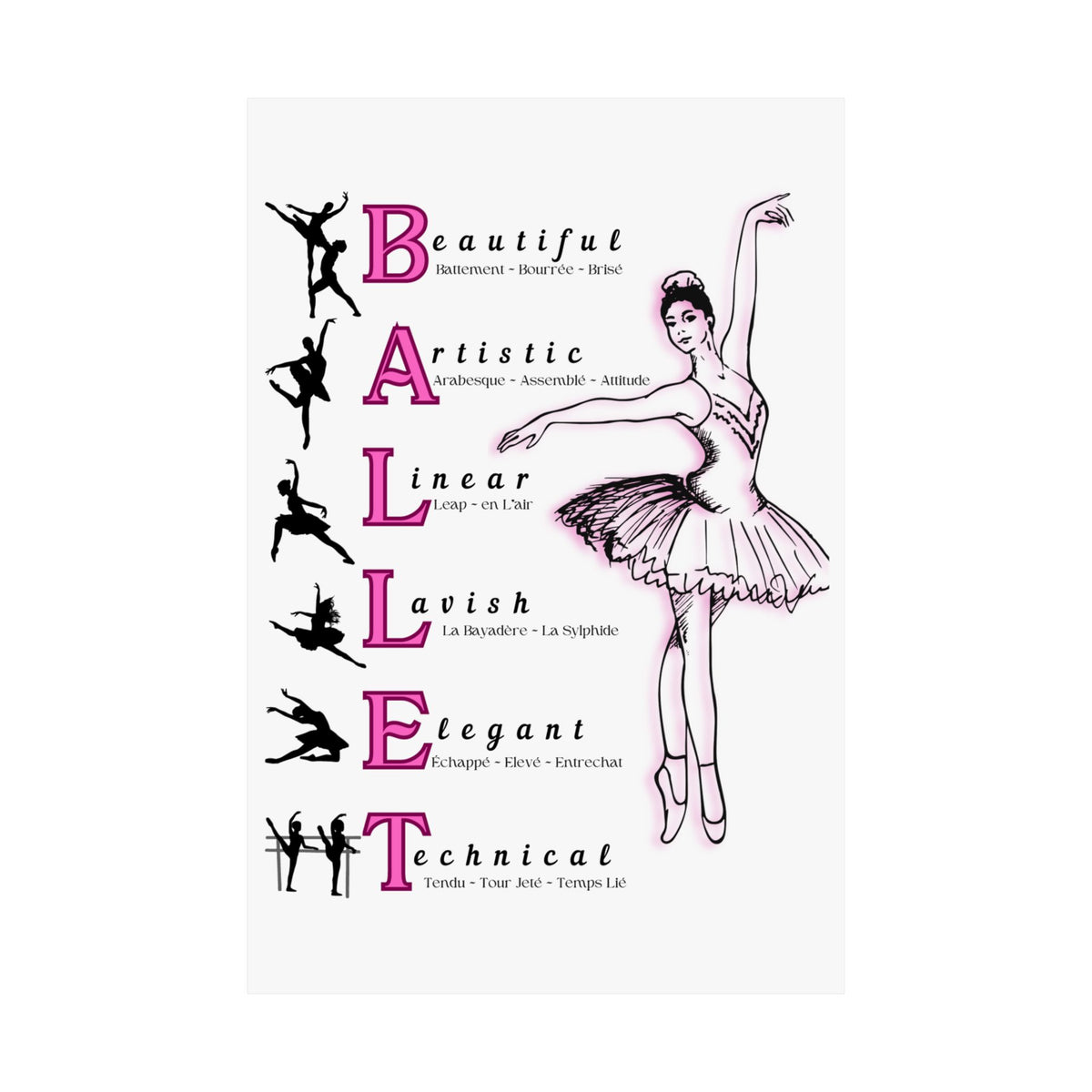 Ballet poster wall art with a ballerina Illustration and ballet-related words in pink and black on a white background Size 24x36