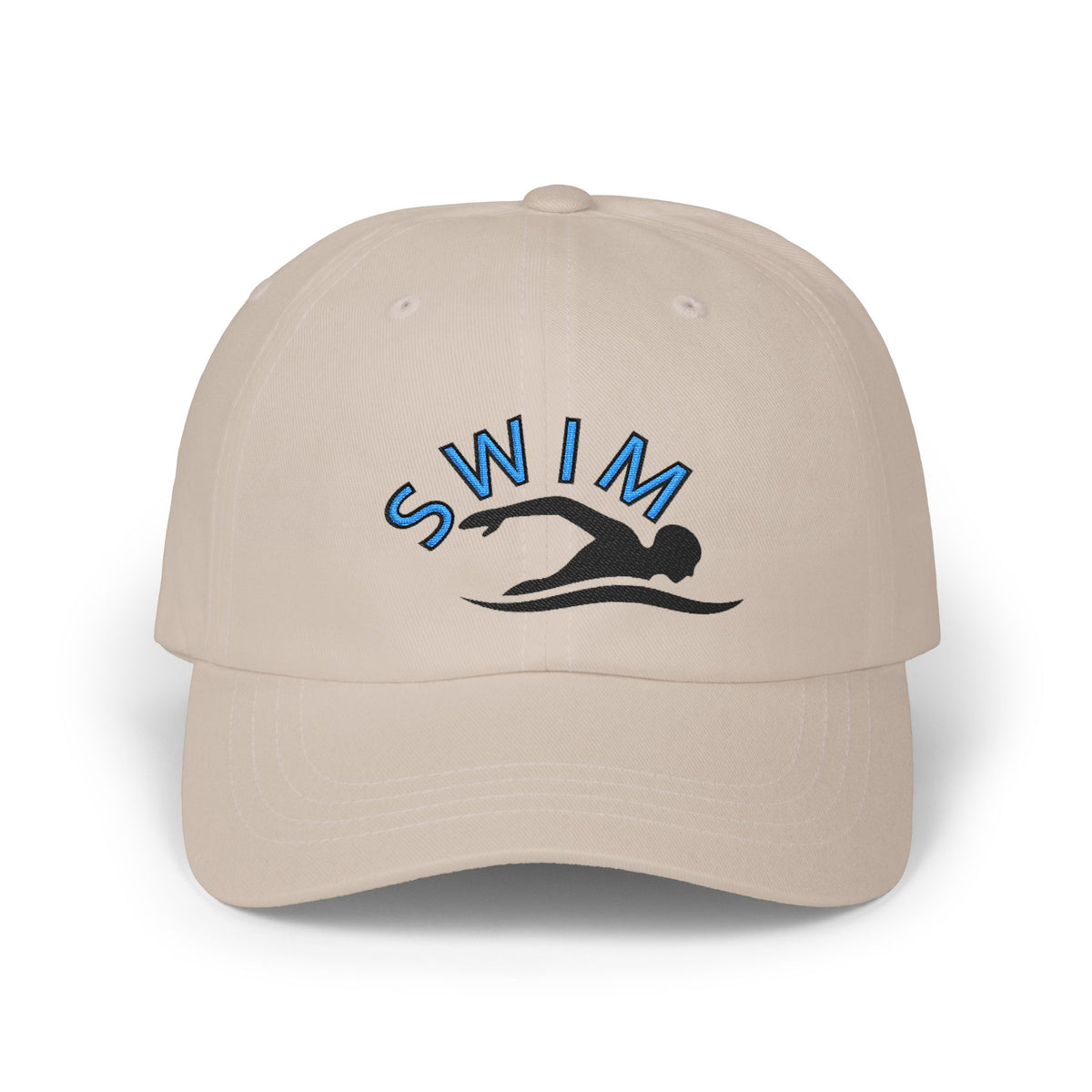 Stone embroidered classic dad cap hat with a Swim text and graphic Front view