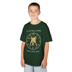 Young boy wearing a youth Gildan 5000B heavy cotton t-shirt in forest green with an It's My Time to Shine Hip Hop 2026-2027 theme