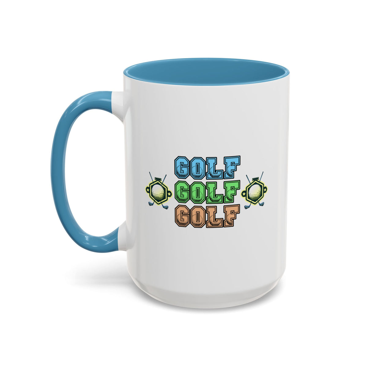 15oz white ceramic Golf mug with light blue handle and interior Left handed view