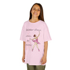Young girl wearing a youth Gildan 5000B heavy cotton t-shirt in light pink with a Without Dance What's the Pointe design and graphic