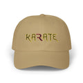 Khaki cap with KARATE embroidered in colorful letters.