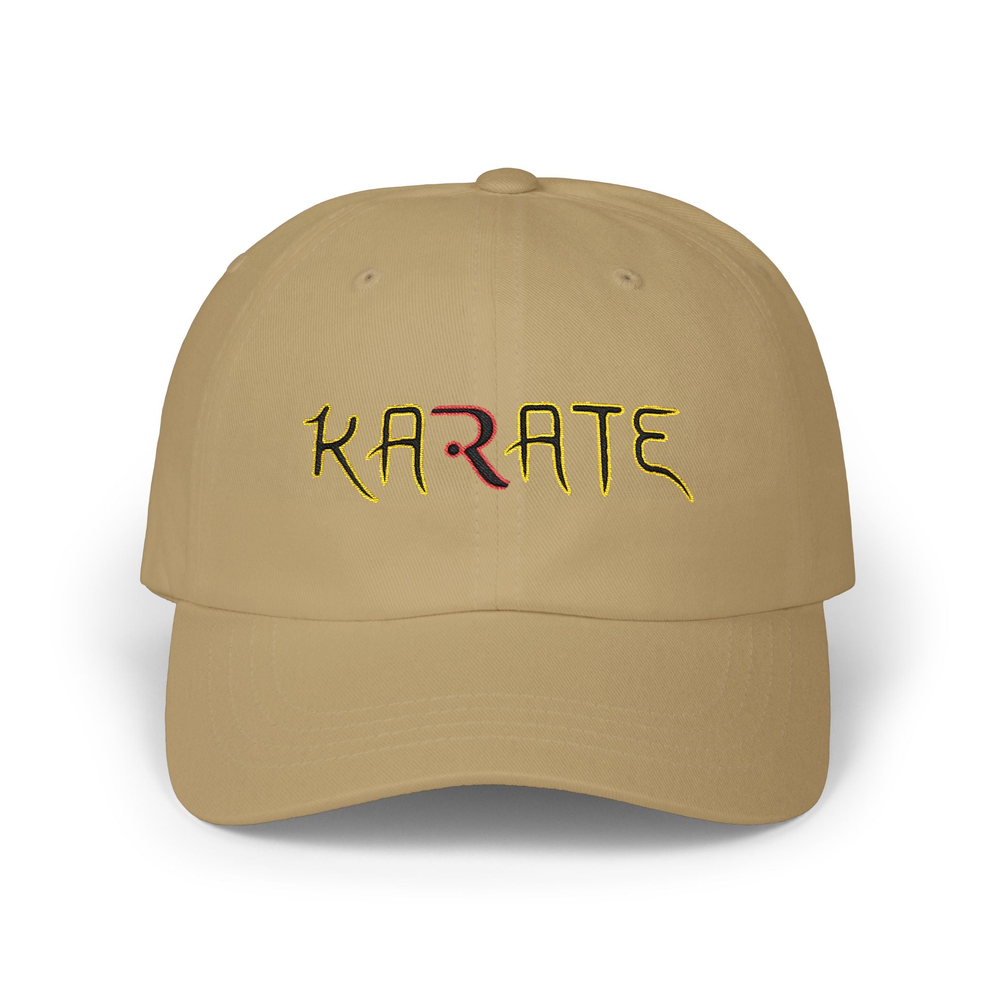 Khaki cap with KARATE embroidered in colorful letters.