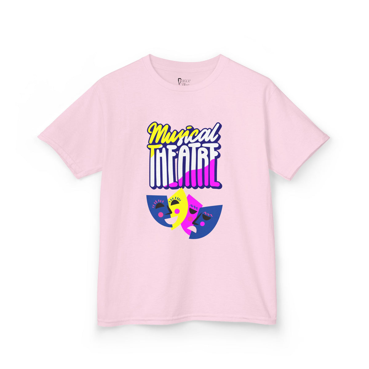 Front view of a youth Gildan 5000B heavy cotton t-shirt in light pink with a Musical Theater rainbow mask graphic